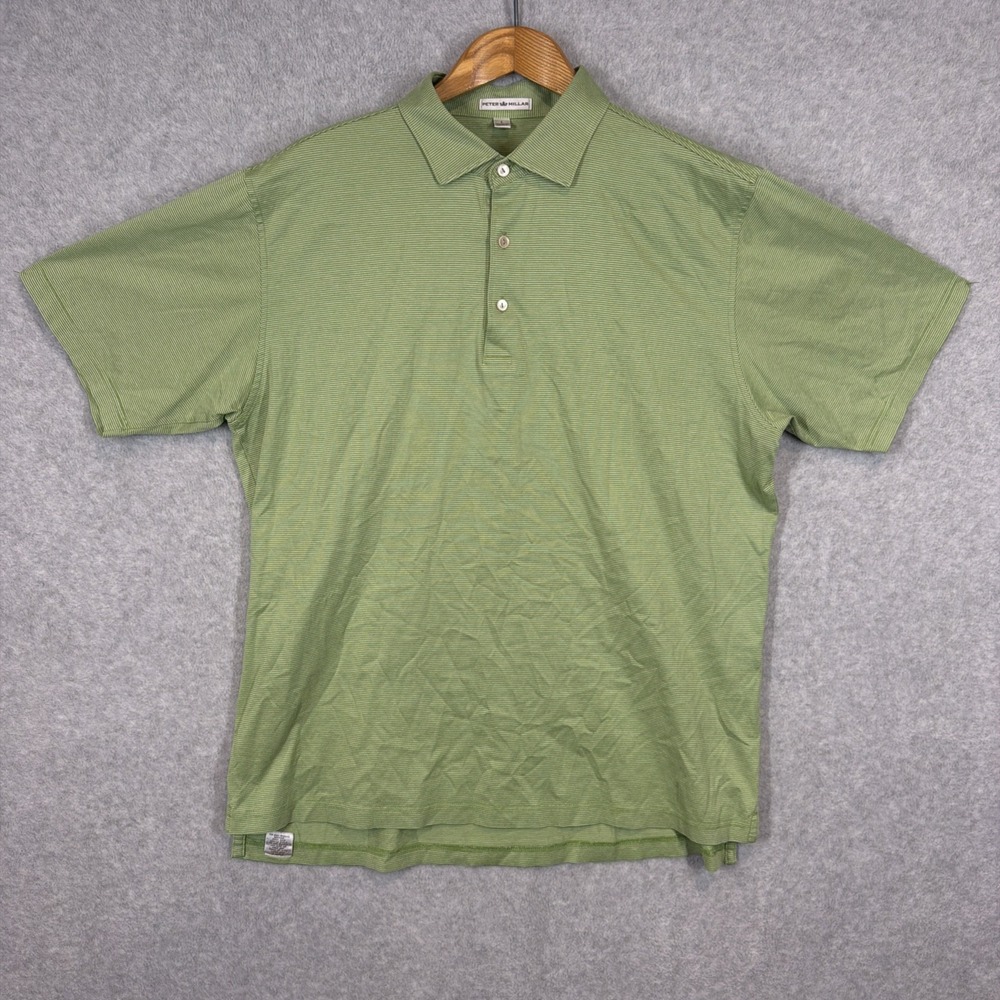 Peter Millar Men's Large Green Micro Striped 100% Cotton Polo Golf Casual Shirt